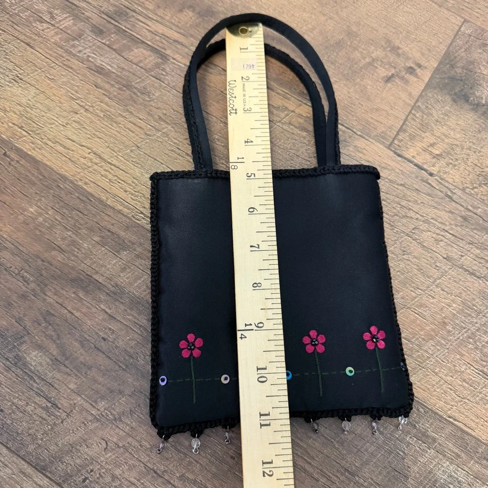 Franchi Mini Evening Bag Womens Small Black Floral Embroidered Satin Vintage